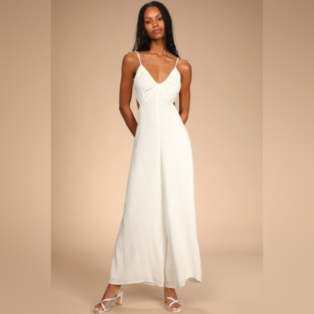 Lulu's Darling Ties Wide Leg Jumpsuit Size Medium White Cutout Swiss Dot